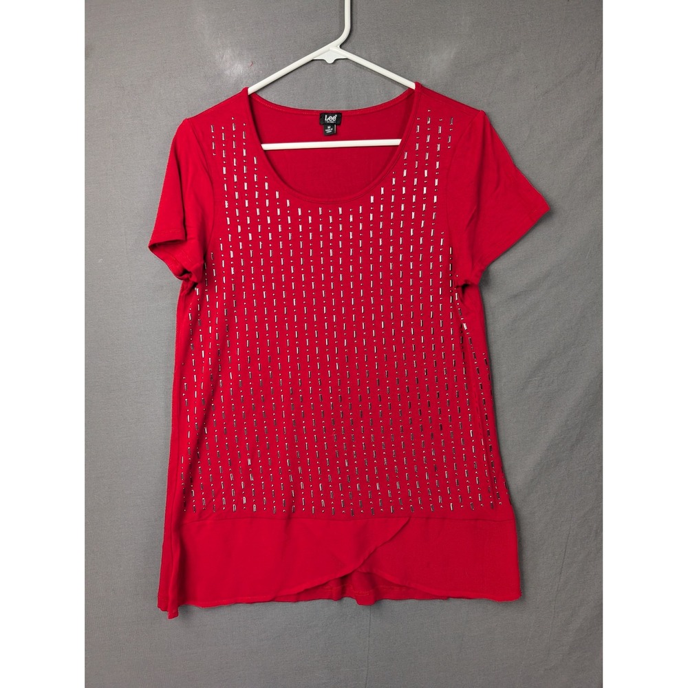 Lee Red‎ Embellished Scoop Neck Short Sleeve Top Medium Silver Studded Faux Wrap
